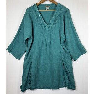 Isabella Bird Tunic Top Womens XL Teal Blue 100% Linen Boho Lightweight Pullover